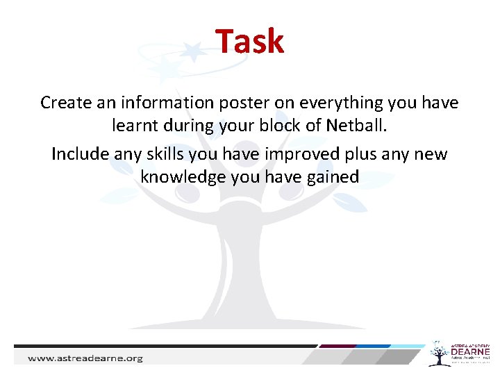 Task Create an information poster on everything you have learnt during your block of