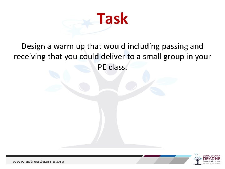 Task Design a warm up that would including passing and receiving that you could