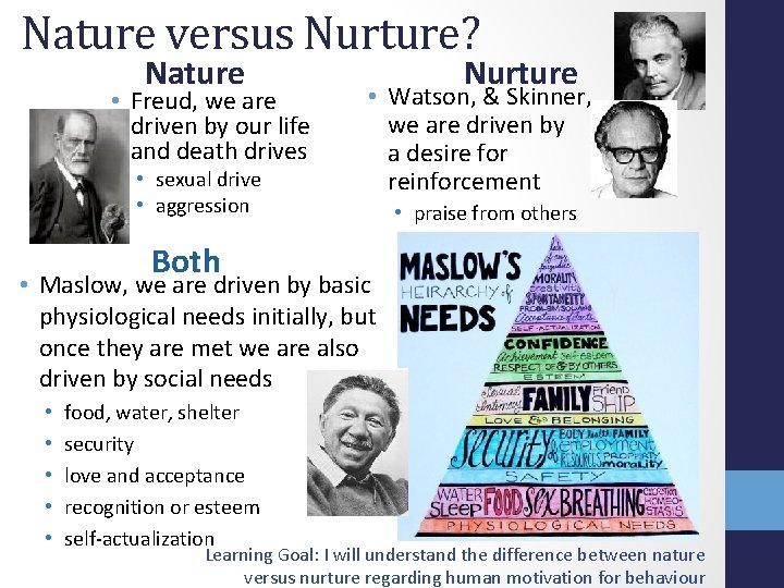 Nature versus Nurture? Nature • Freud, we are driven by our life and death
