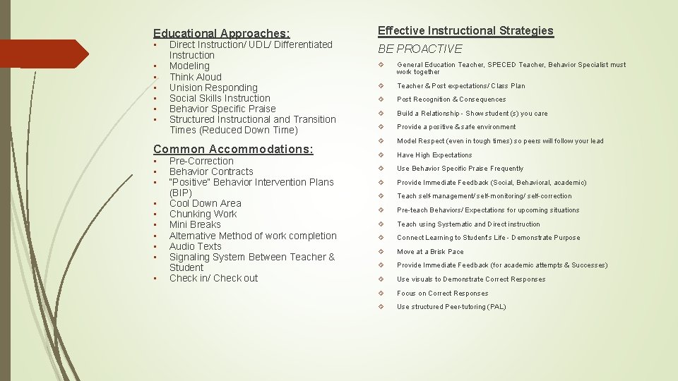 Educational Approaches: • • Direct Instruction/ UDL/ Differentiated Instruction Modeling Think Aloud Unision Responding