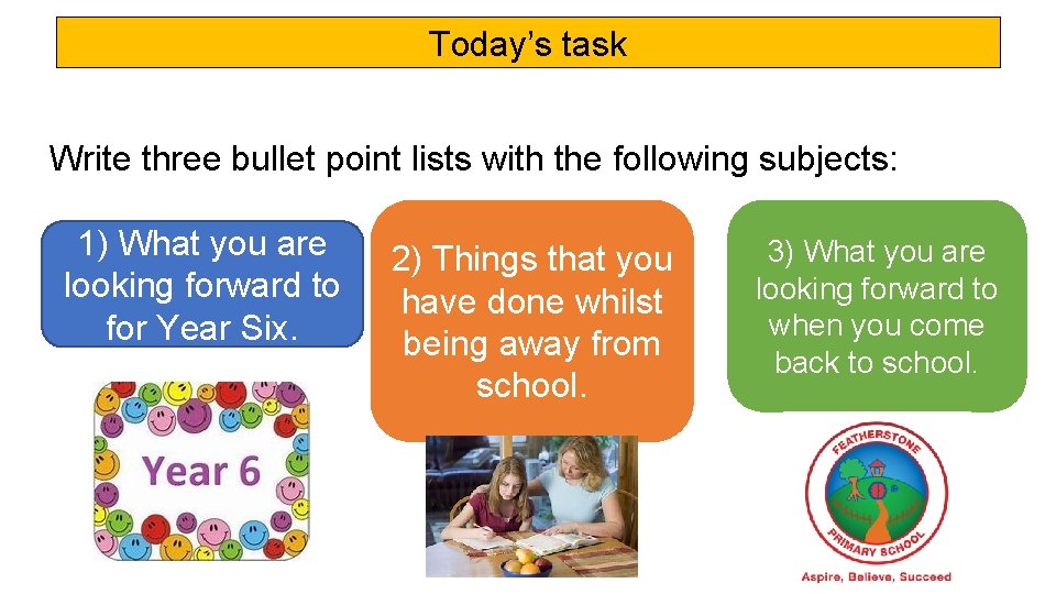 Today’s task Write three bullet point lists with the following subjects: 1) What you