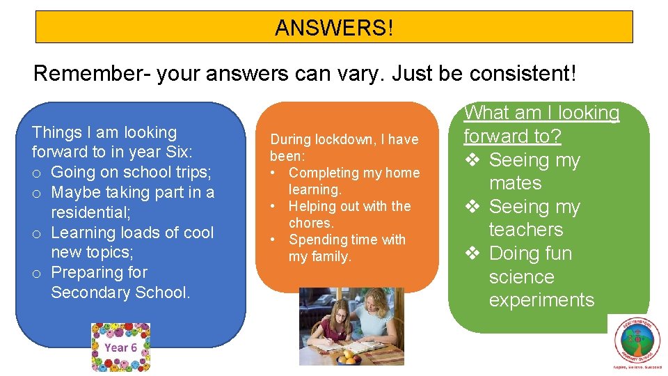 ANSWERS! Remember- your answers can vary. Just be consistent! Things I am looking forward