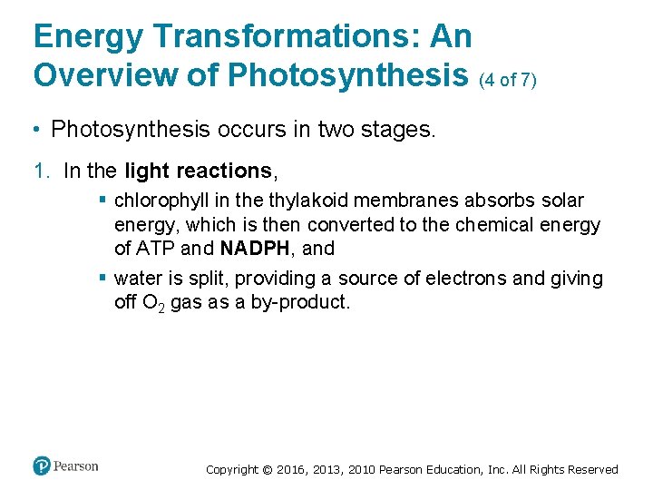 Energy Transformations: An Overview of Photosynthesis (4 of 7) • Photosynthesis occurs in two