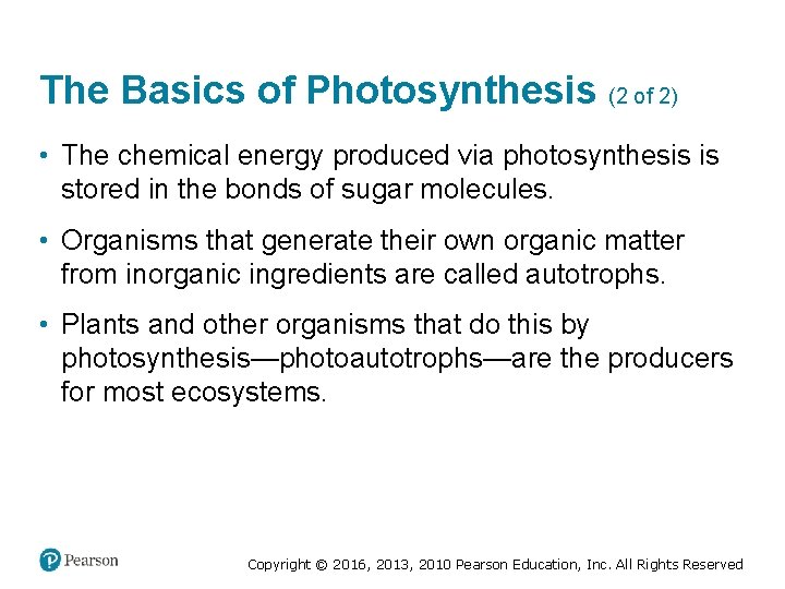 The Basics of Photosynthesis (2 of 2) • The chemical energy produced via photosynthesis