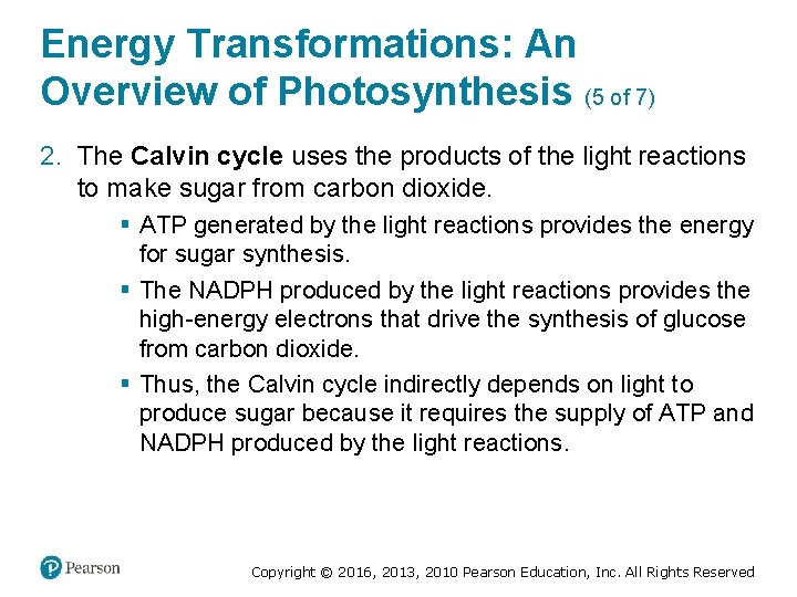 Energy Transformations: An Overview of Photosynthesis (5 of 7) 2. The Calvin cycle uses