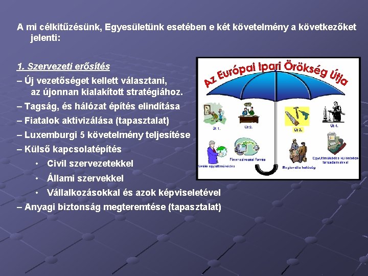A mi célkitűzésünk, Egyesületünk esetében e két követelmény a következőket jelenti: 1. Szervezeti erősítés