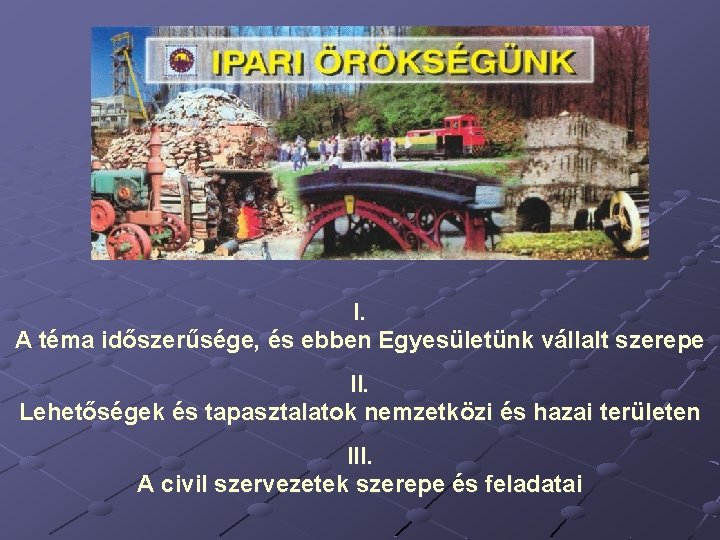 I. A téma időszerűsége, és ebben Egyesületünk vállalt szerepe II. Lehetőségek és tapasztalatok nemzetközi