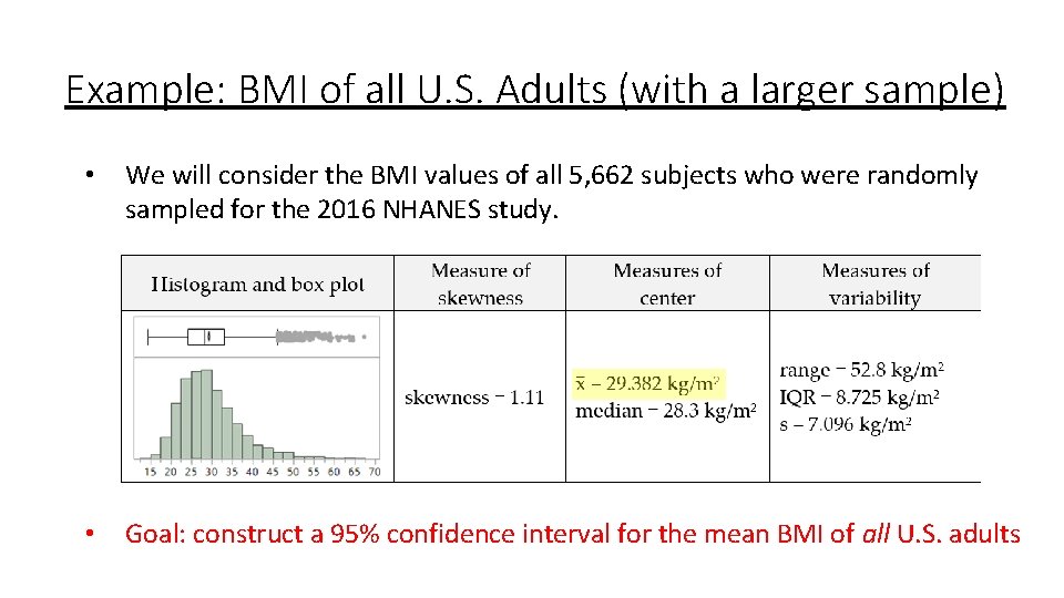 Example: BMI of all U. S. Adults (with a larger sample) • We will