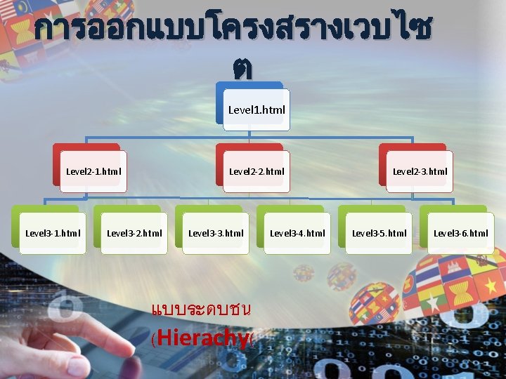 การออกแบบโครงสรางเวบไซ ต Level 1. html Level 2 -1. html Level 3 -1. html Level