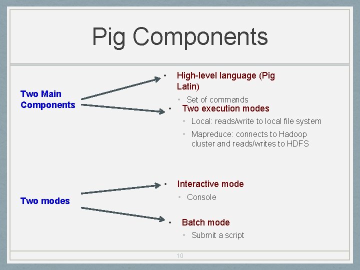 Pig Components • Two Main Components High-level language (Pig Latin) • • Set of