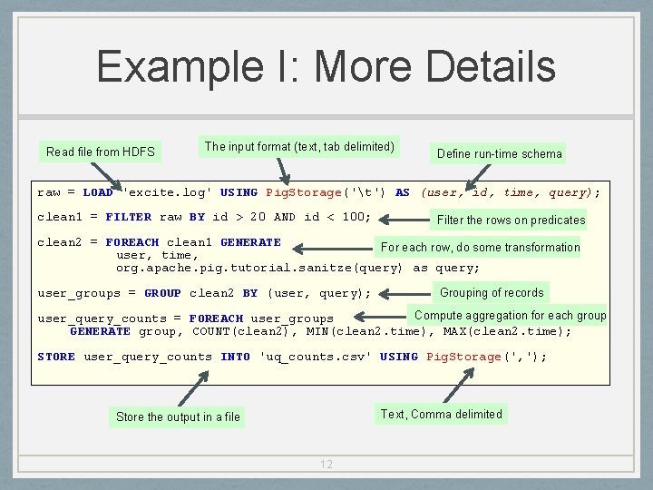 Example I: More Details Read file from HDFS The input format (text, tab delimited)
