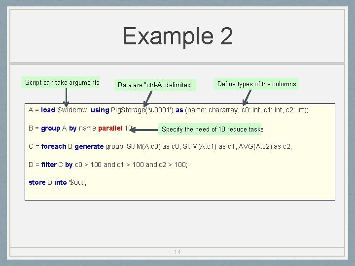 Example 2 Script can take arguments Data are “ctrl-A” delimited Define types of the