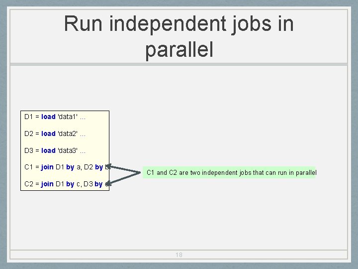 Run independent jobs in parallel D 1 = load 'data 1' … D 2