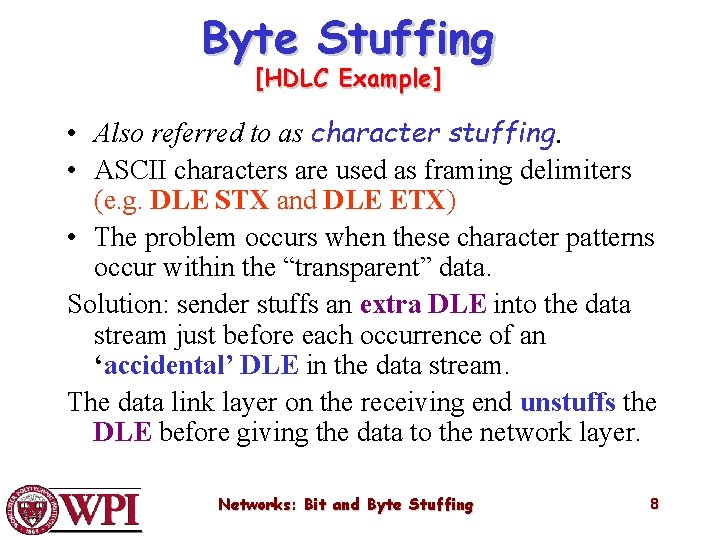 Byte Stuffing [HDLC Example] • Also referred to as character stuffing. • ASCII characters