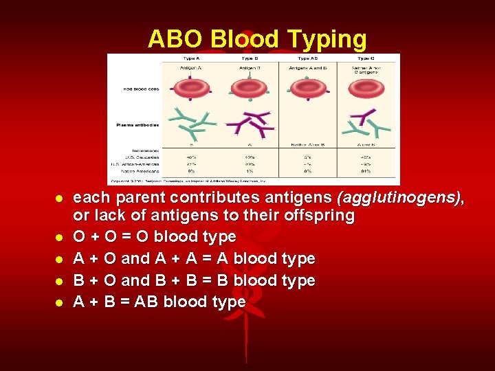 ABO Blood Typing each parent contributes antigens (agglutinogens), or lack of antigens to their
