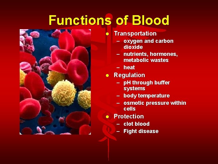 Functions of Blood Transportation – oxygen and carbon dioxide – nutrients, hormones, metabolic wastes