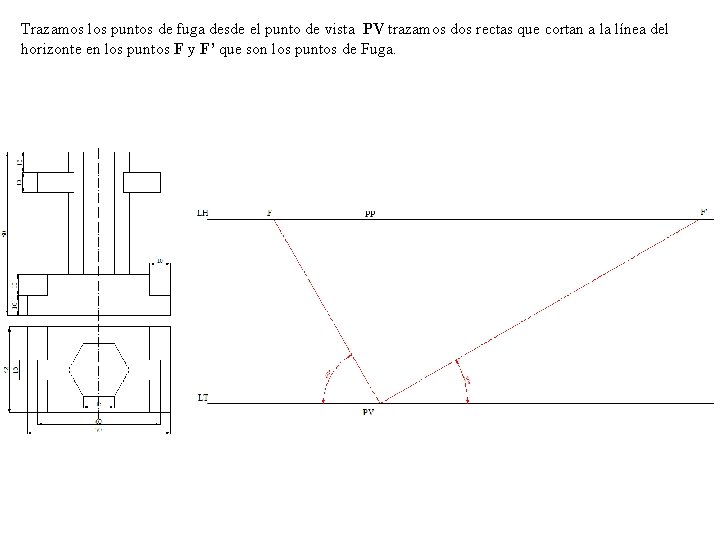 Trazamos los puntos de fuga desde el punto de vista PV trazamos dos rectas