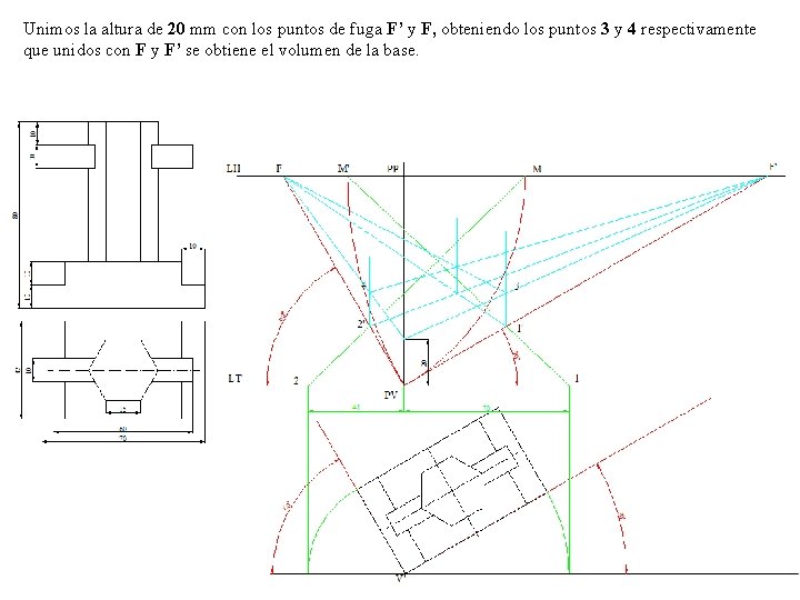 Unimos la altura de 20 mm con los puntos de fuga F’ y F,