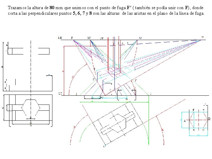 Trazamos la altura de 80 mm que unimos con el punto de fuga F’