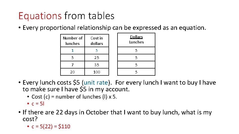 Equations from tables • Every proportional relationship can be expressed as an equation. Number