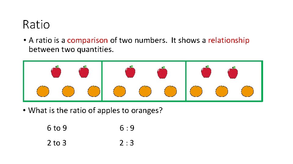 Ratio • A ratio is a comparison of two numbers. It shows a relationship