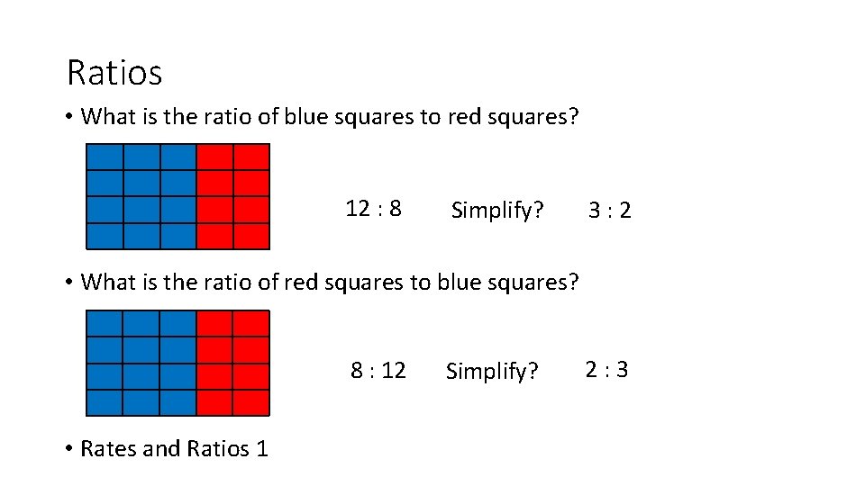 Ratios • What is the ratio of blue squares to red squares? 12 :