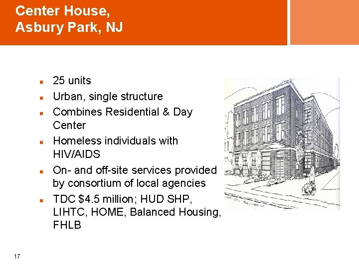 Center House, Asbury Park, NJ n n n 17 25 units Urban, single structure