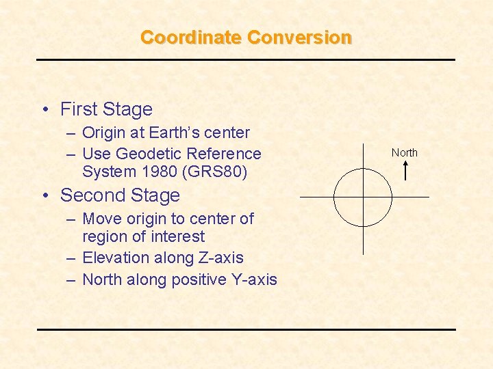 Coordinate Conversion • First Stage – Origin at Earth’s center – Use Geodetic Reference Coordinate Conversion • First Stage – Origin at Earth’s center – Use Geodetic Reference