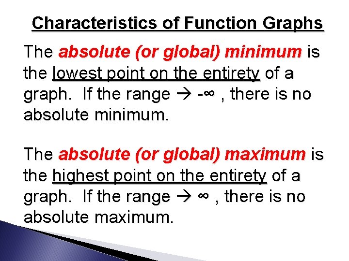 Characteristics of Function Graphs The absolute (or global) minimum is the lowest point on