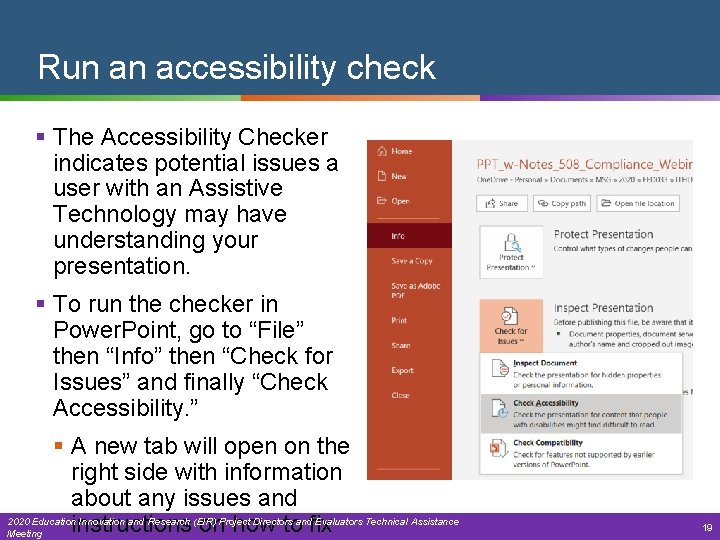 Run an accessibility check § The Accessibility Checker indicates potential issues a user with