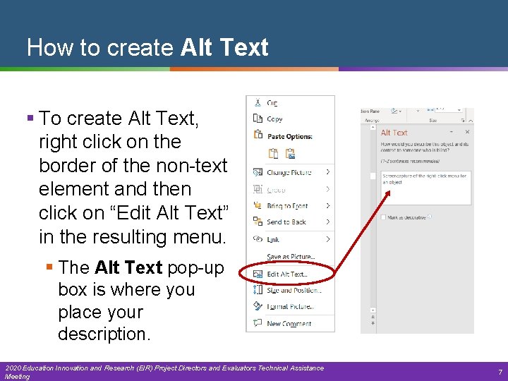 How to create Alt Text § To create Alt Text, right click on the