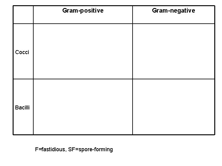 Gram-positive Cocci Bacilli F=fastidious, SF=spore-forming Gram-negative 