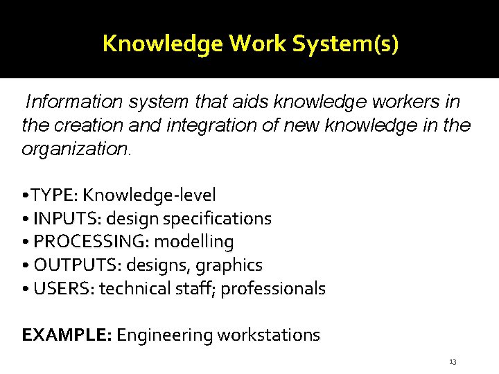 Knowledge Work System(s) Information system that aids knowledge workers in the creation and integration