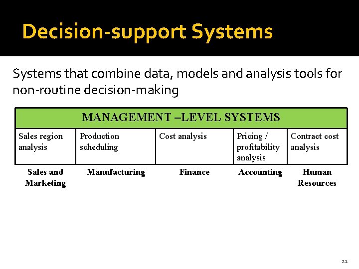 Decision-support Systems that combine data, models and analysis tools for non-routine decision-making MANAGEMENT –LEVEL