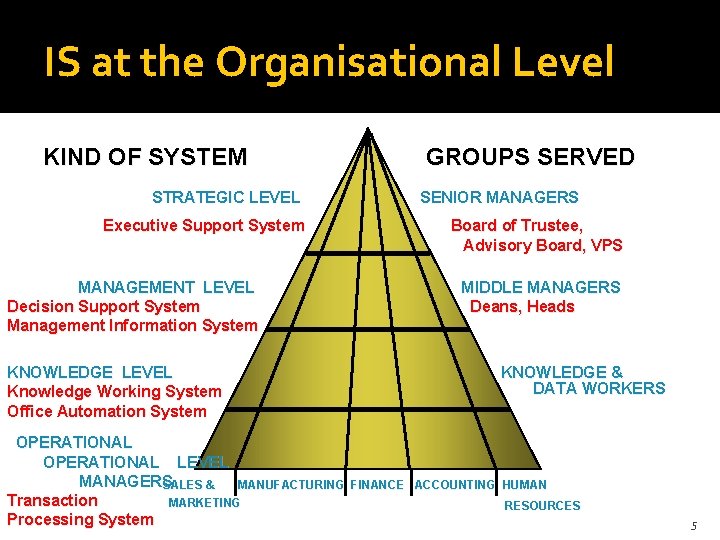 IS at the Organisational Level KIND OF SYSTEM STRATEGIC LEVEL Executive Support System MANAGEMENT