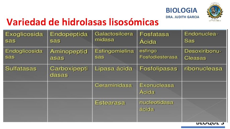 BIOLOGIA Variedad de hidrolasas lisosómicas DRA. JUDITH GARCIA BLOQUE 3 