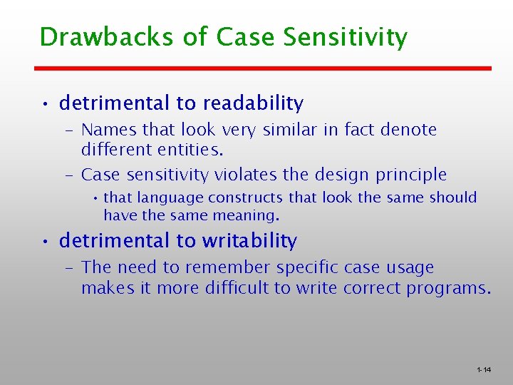 Drawbacks of Case Sensitivity • detrimental to readability – Names that look very similar