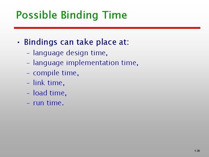 Possible Binding Time • Bindings can take place at: – – – language design