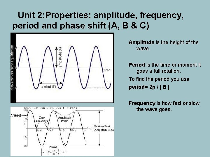 Unit 2: Properties: amplitude, frequency, period and phase shift (A, B & C) Amplitude