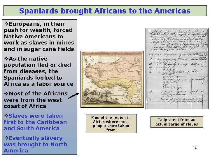 Spaniards brought Africans to the Americas Europeans, in their push for wealth, forced Native