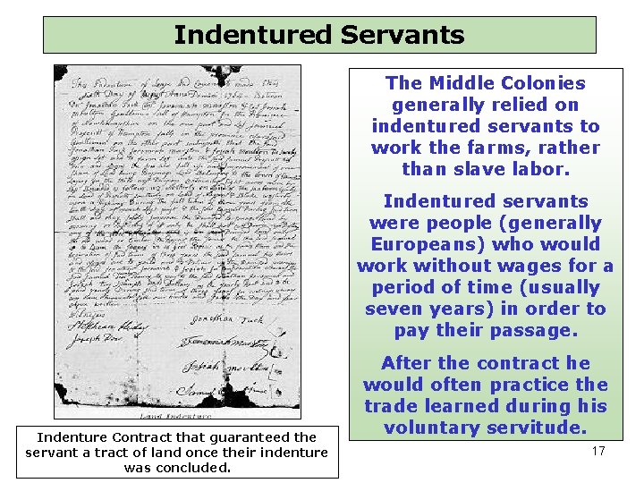 Indentured Servants The Middle Colonies generally relied on indentured servants to work the farms,