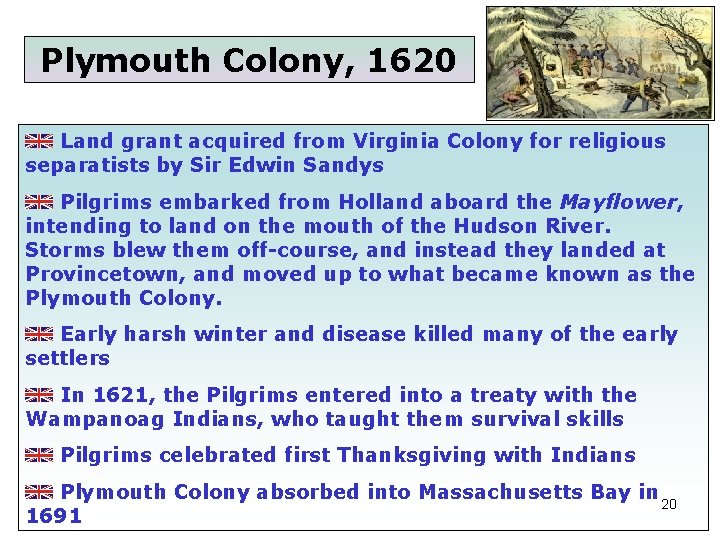 Plymouth Colony, 1620 Land grant acquired from Virginia Colony for religious separatists by Sir