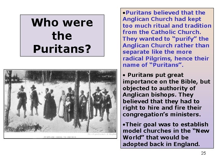 Who were the Puritans? • Puritans believed that the Anglican Church had kept too