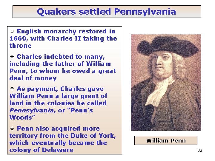Quakers settled Pennsylvania English monarchy restored in 1660, with Charles II taking the throne