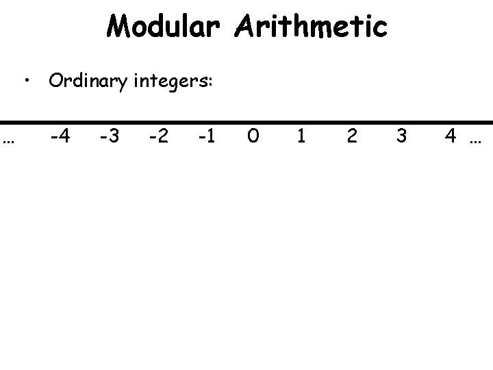 Modular Arithmetic • Ordinary integers: … -4 -3 -2 -1 0 1 2 3