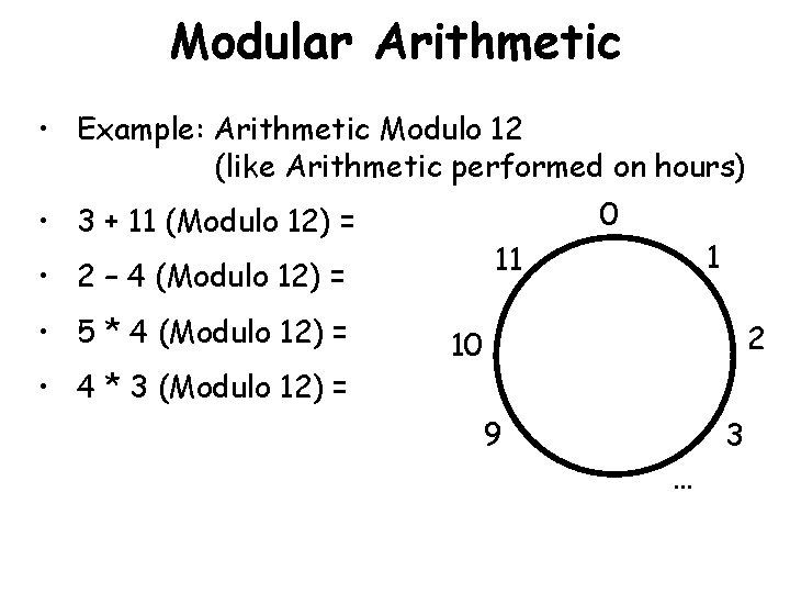 Modular Arithmetic • Example: Arithmetic Modulo 12 (like Arithmetic performed on hours) 0 •