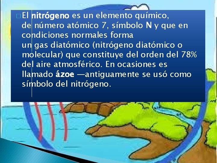 � El nitrógeno es un elemento químico, de número atómico 7, símbolo N y � El nitrógeno es un elemento químico, de número atómico 7, símbolo N y