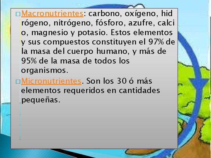 � Macronutrientes: carbono, oxígeno, hid rógeno, nitrógeno, fósforo, azufre, calci o, magnesio y potasio. � Macronutrientes: carbono, oxígeno, hid rógeno, nitrógeno, fósforo, azufre, calci o, magnesio y potasio.