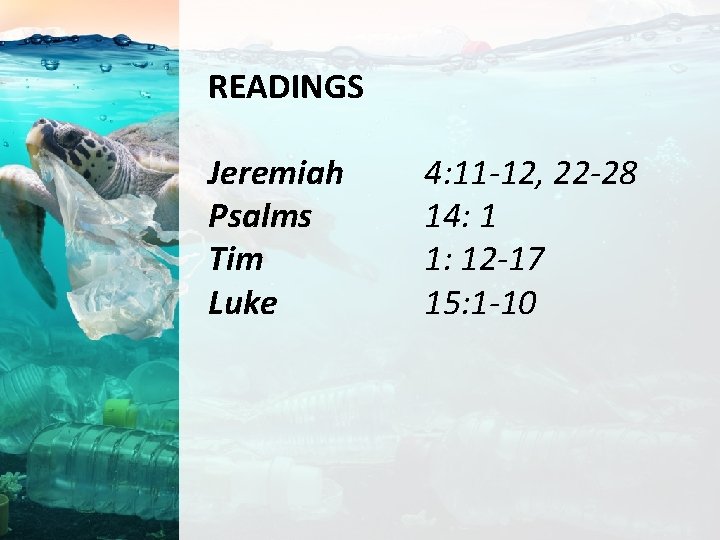 READINGS Jeremiah Psalms Tim Luke 4: 11 -12, 22 -28 14: 1 1: 12