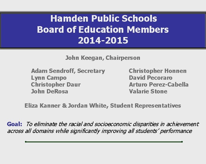Hamden Public Schools Board of Education Members 2014 -2015 John Keegan, Chairperson Adam Sendroff,